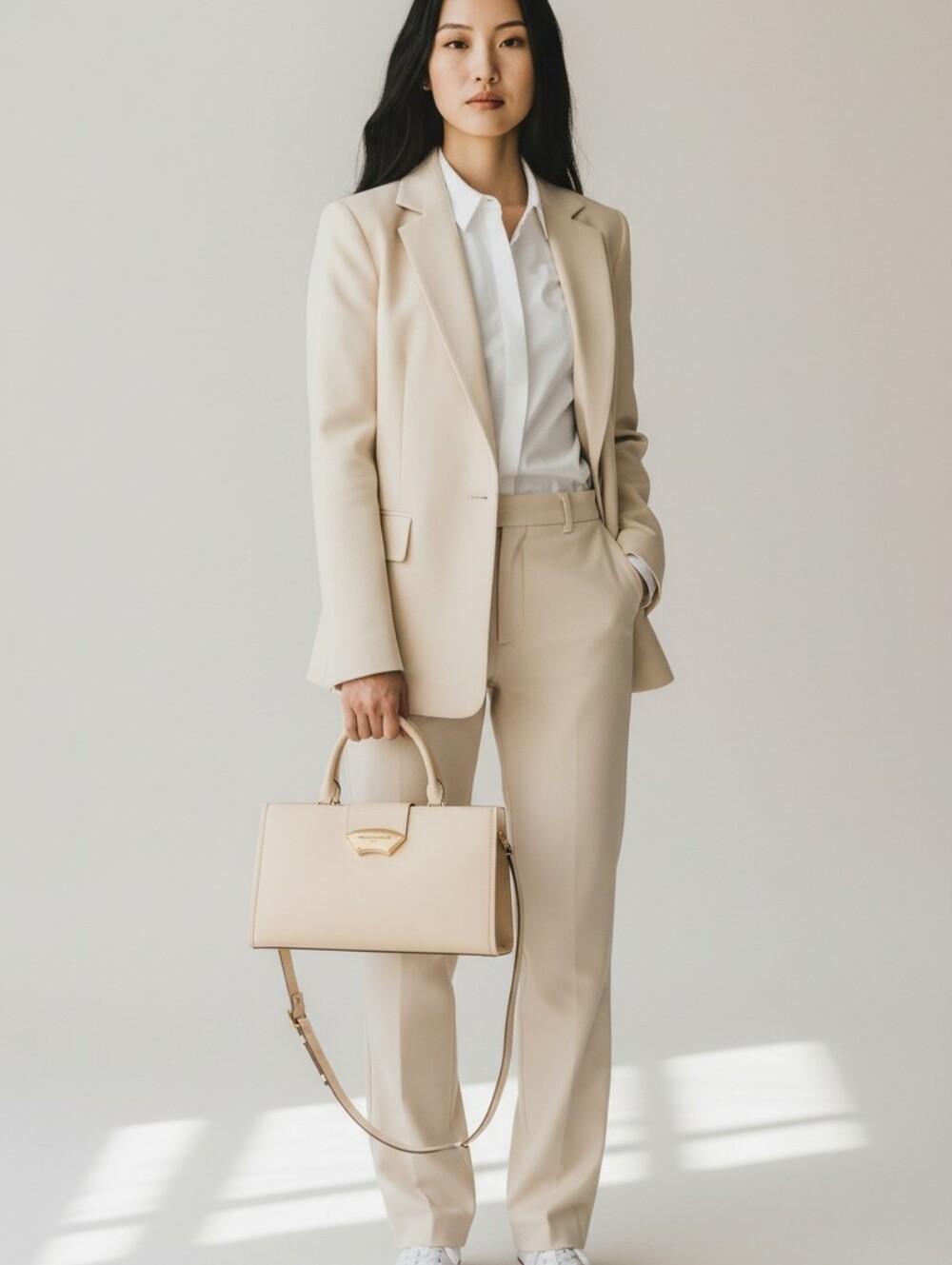 Karl Lagerfeld Cream Leather Top-Handle Satchel with Gold Hardware